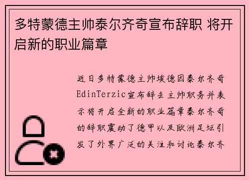 多特蒙德主帅泰尔齐奇宣布辞职 将开启新的职业篇章 多特蒙德主帅泰尔齐奇宣布辞职 将开启新的职业篇章